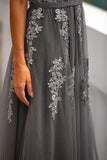 Grey Tulle Prom Dress with Appliques