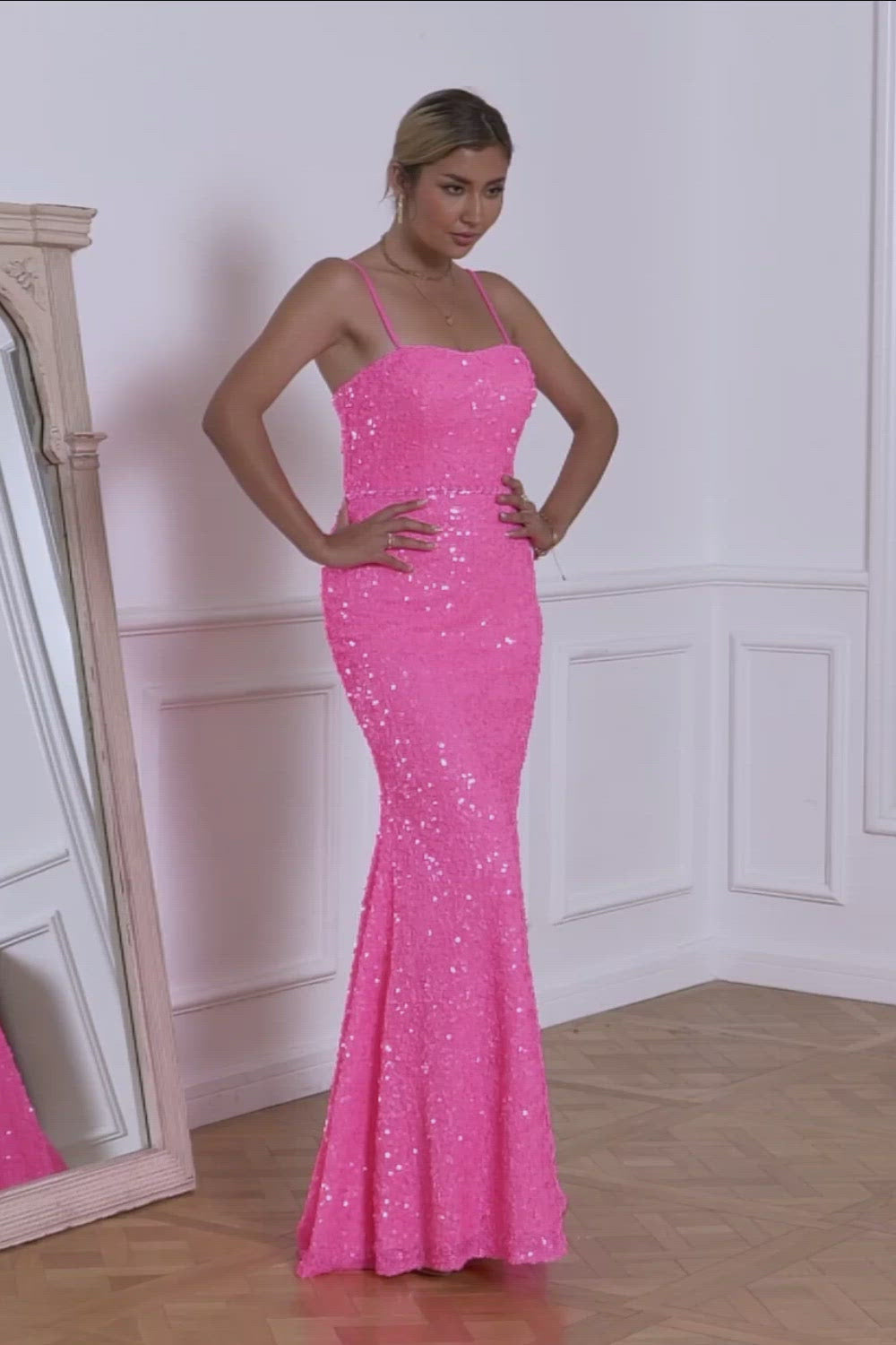 Viniodress Shimmering Pink Sequin Mermaid Prom Dress with Spaghetti Straps and High Slit FD3461 Custom Colors / US2