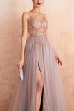 A Line Grey Pink V-neck Tulle Prom Dress with Slit