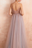 V-neck Grey Pink Tulle Prom Dress