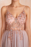 A Line Grey Pink V-neck Tulle Prom Dress with Slit