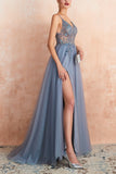 Blue A Line Spaghetti Straps Slit Tulle Prom Dress with Slit