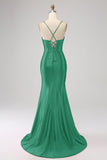 Stunning Black Mermaid Spaghetti Straps Corset Prom Dress with Split Front