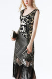 1920s Black Sequins Flapper Tea-Length Dress