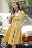 V Neck Yellow 1950s Dress with Belt