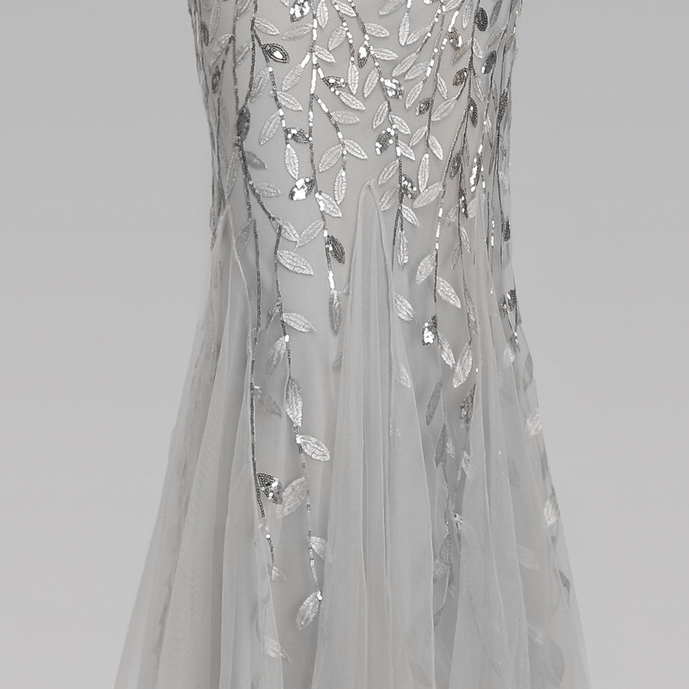 Mermaid Short Sleeves Silver Prom Dress