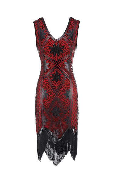 Red V Neck Sleeveless Sequins Beaded Bodycon 1920s Flapper Dress – ZAPAKA