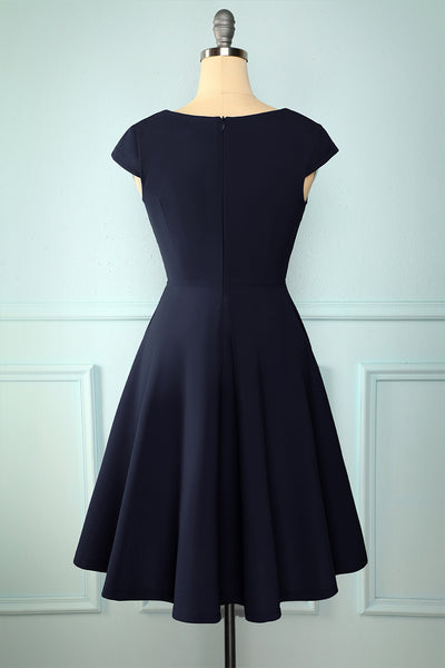 Zapaka Simple Navy V Neck A-line Prom Homecoming Crepe Dress with ...