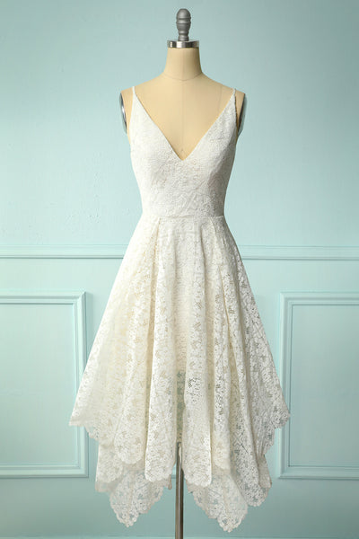 White A Line Spaghetti Straps Asymmetrical Lace Bridesmaid Dress – ZAPAKA