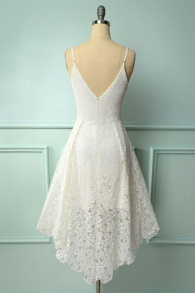 White A Line Spaghetti Straps Asymmetrical Lace Bridesmaid Dress – ZAPAKA