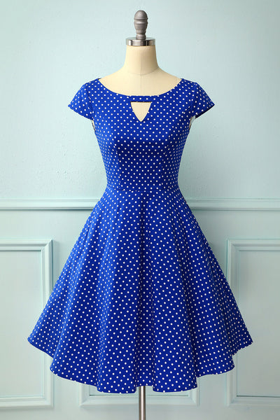 1950s Vintage Royal Blue Formal Party Dress With White Polka Dots – ZAPAKA