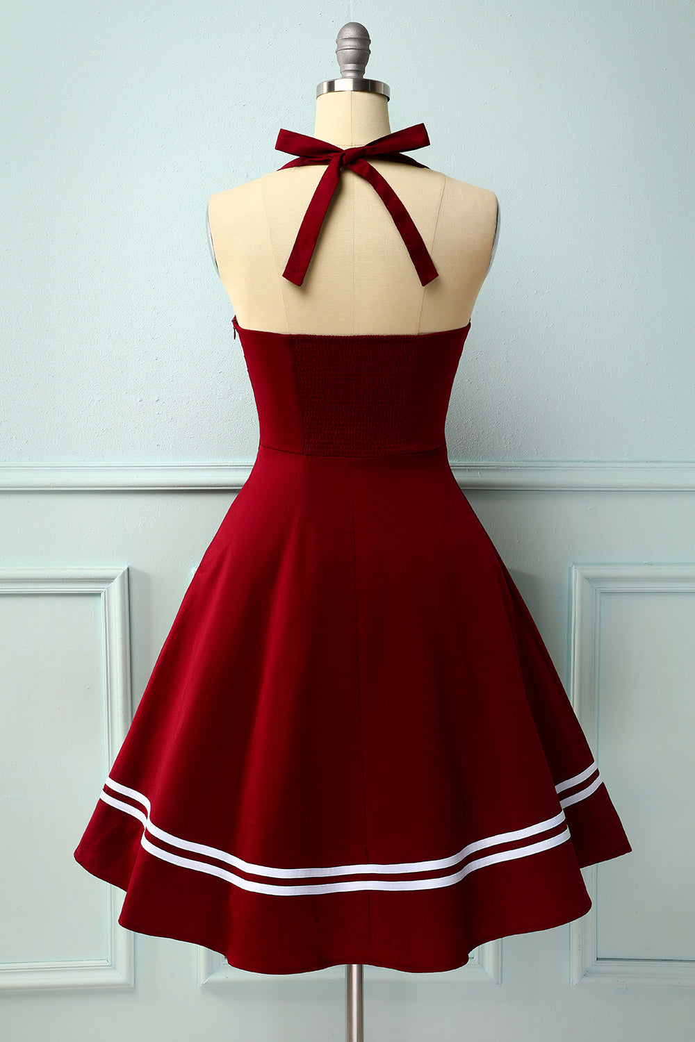 Dark Red 50s Style A Line Halter Rockabilly Pin Up Swing Dress