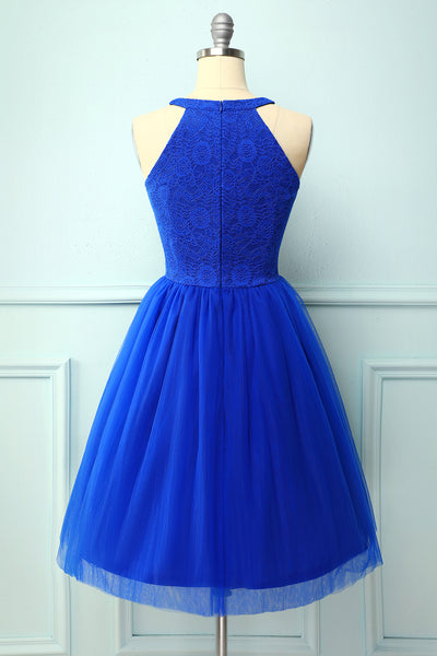 Royal Blue A-line Halter Short Vintage Lace Formal Dress – ZAPAKA