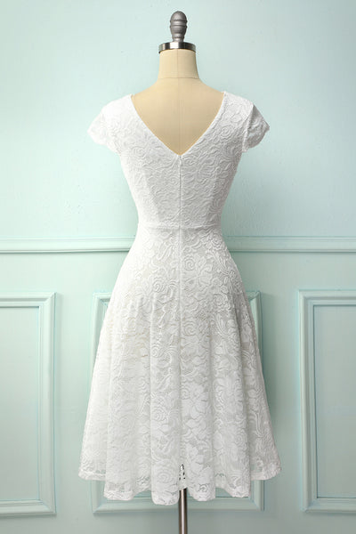 Zapaka Vintage Lace Formal Dress White A Line V Neck Midi Party Dress ...