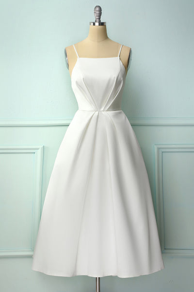 Simple White A-line Spaghetti Straps Midi Bridesmaid Formal Dress – ZAPAKA