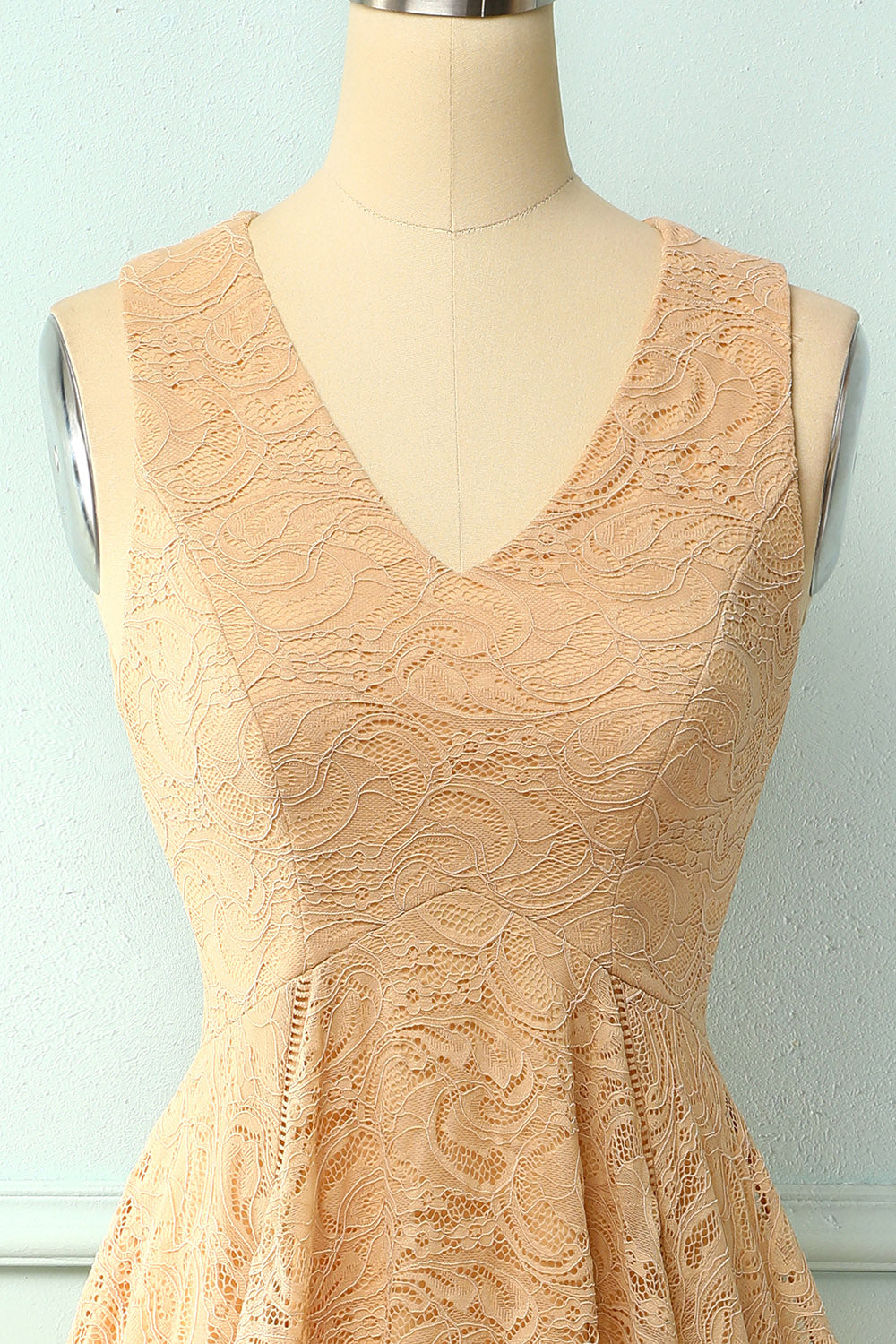 Asymmetrical Champagne V-neck Lace Dress
