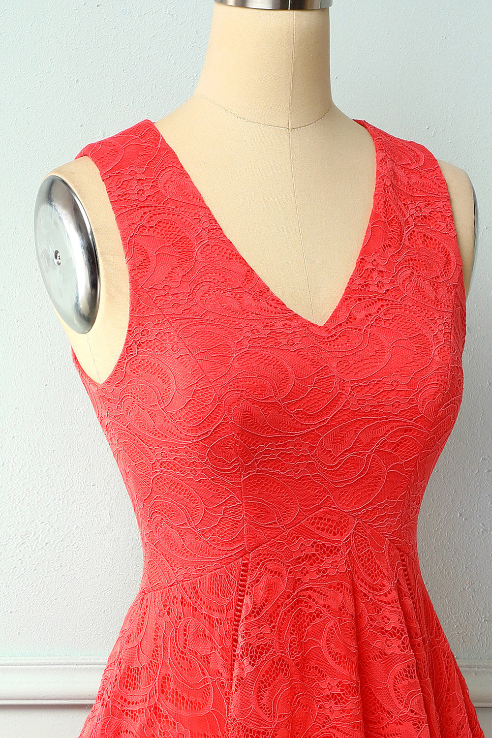 Asymmetrical Red V-neck Lace Dress