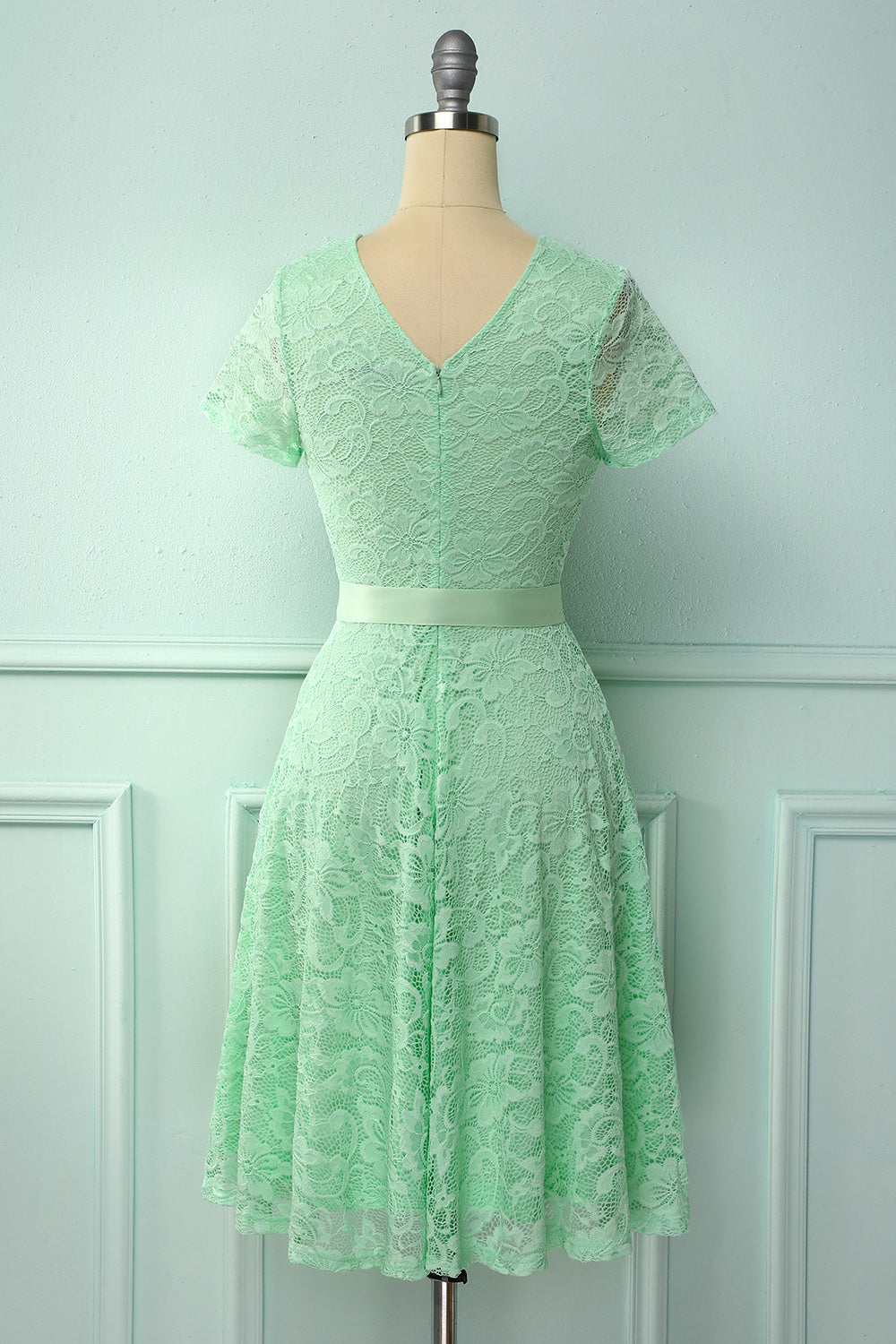 Mint Green A Line Boat Neck Short Sleeves Lace Party Dress With Sash –  ZAPAKA