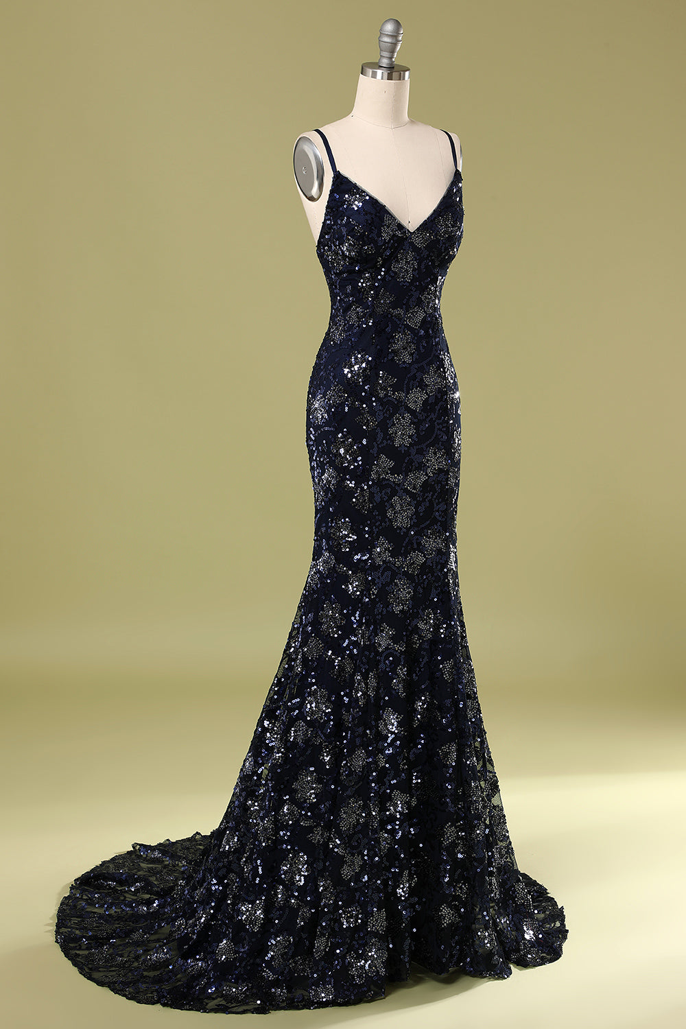 Zapaka Women Mermaid Navy Spaghetti Straps Backless Beaded Sequin Long Prom Evening Dress ZAPAKA Zapaka Women Mermaid Navy Spaghetti Straps Backless Beaded Sequin Long Prom Evening Dress ZAPAKA