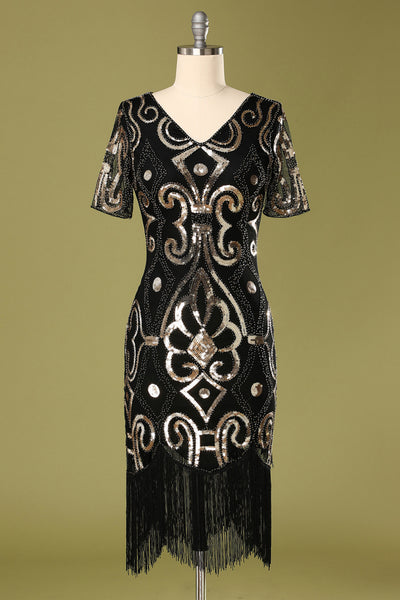 Zapaka Women Black Sequins Glitter Fringe Vintage 1920s Flapper Dress ...
