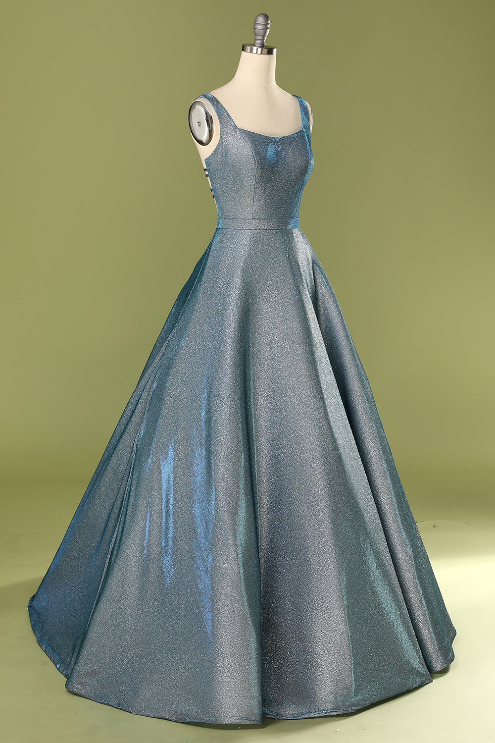 Glitter Blue Open Back Long Prom Dress