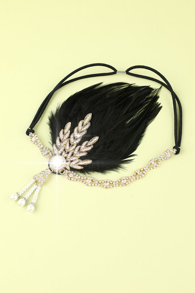 Black Beaded Feather Pearl 1920s Flapper Headband – ZAPAKA