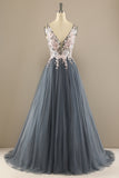 Gorgeous Deep V Neck Grey/Pink Prom Dress with Appliques