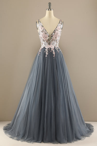Zapaka Gorgeous Deep V Neck Grey/Pink Prom Dress with Appliques Evening ...