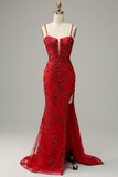 Mermaid Spaghetti Straps Red Sequins Long Prom Dress with Split Front