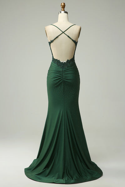 Zapaka Women Dark Green Long Prom Dress Mermaid Halter Formal Dress ...