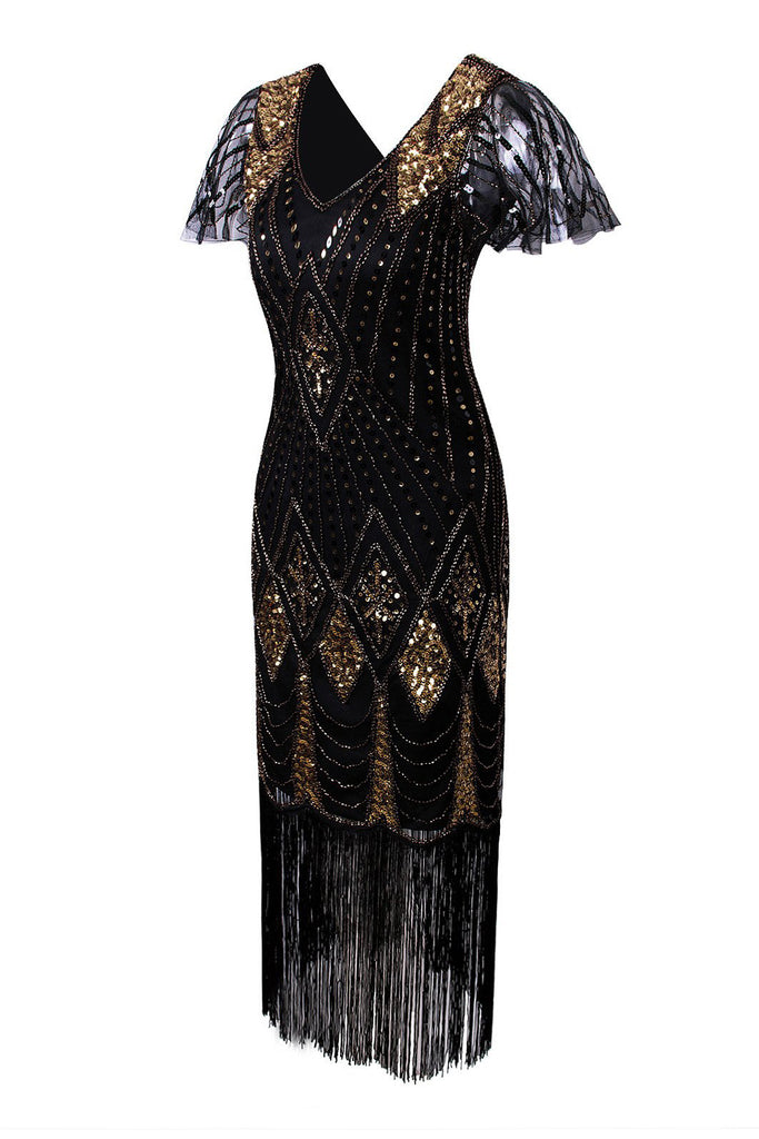 Zapaka Women's Black and Gold V-neck Sequins Glitter Fringe Vintage ...