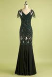 Black and Green 1920s Sequins Flapper Long Dress
