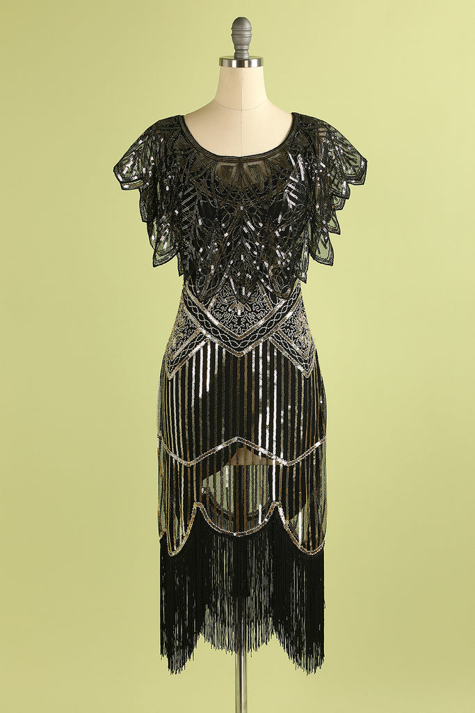 Sequined Black Golden 1920s Cape With Fringes