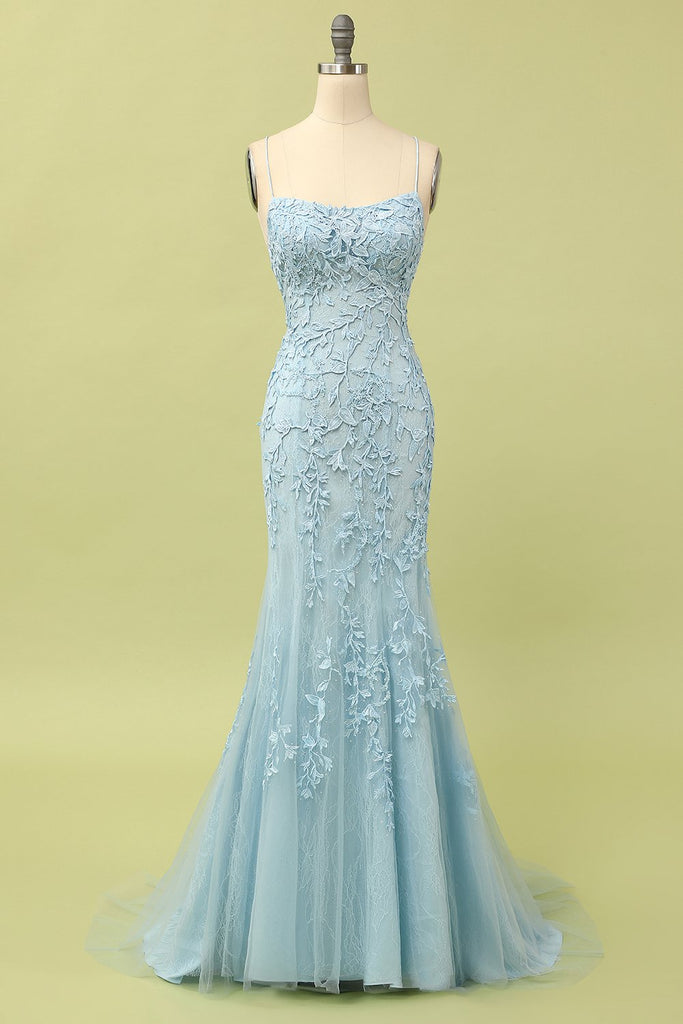 ZAPAKA Mermaid Blue Long Prom Dress Spaghetti Straps Backless Evening Dress