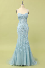 Mermaid Backless Light Blue Lace Long Prom Dresses, Mermaid Blue Formal  Dresses, Light Blue Lace Evening Dresses SP2127