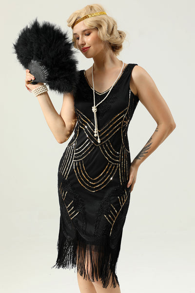 ZAPAKA Women 1920s Dress Black V-neck Party Sequins Gatsby Dress