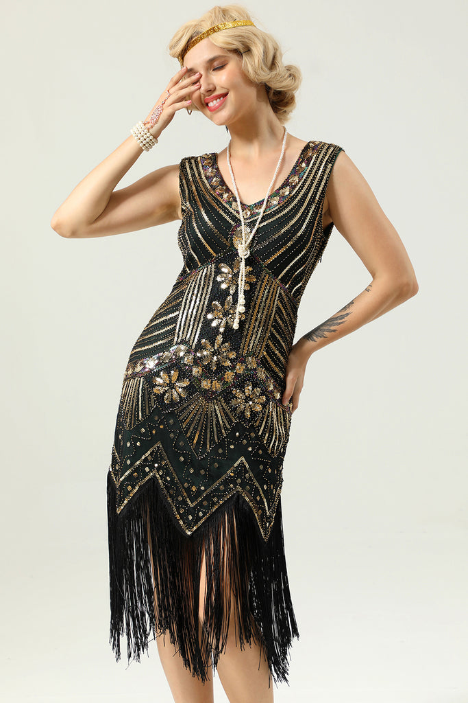 Zapaka Women 1920 Dress Black and Gold Sequin Flapper Gatsby Dress with ...