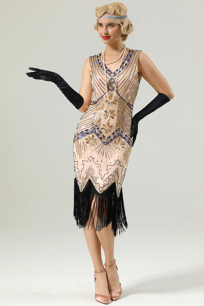 ZAPAKA Women 1920s Dress Sleeveless V-neck Pink Sequins Fringe Gatsby Dress