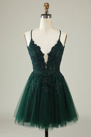 A Line Spaghetti Straps Dark Green Tulle Short Homecoming Dress with Appliques