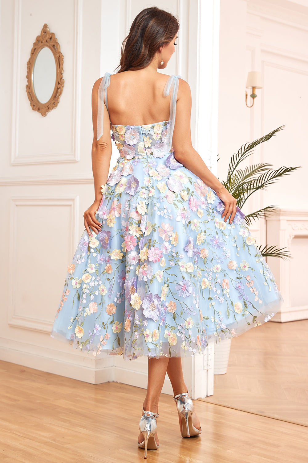 Purple A Line Tea Length Prom Dress with 3D Flowers