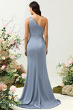 Dusty Blue One Shoulder Sheath Long Bridesmaid Dress with Slit