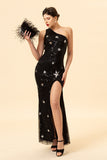 Mermaid One Shoulder Black Sequins Long Prom Dress with Star