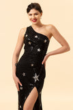 Mermaid One Shoulder Black Sequins Long Prom Dress with Star