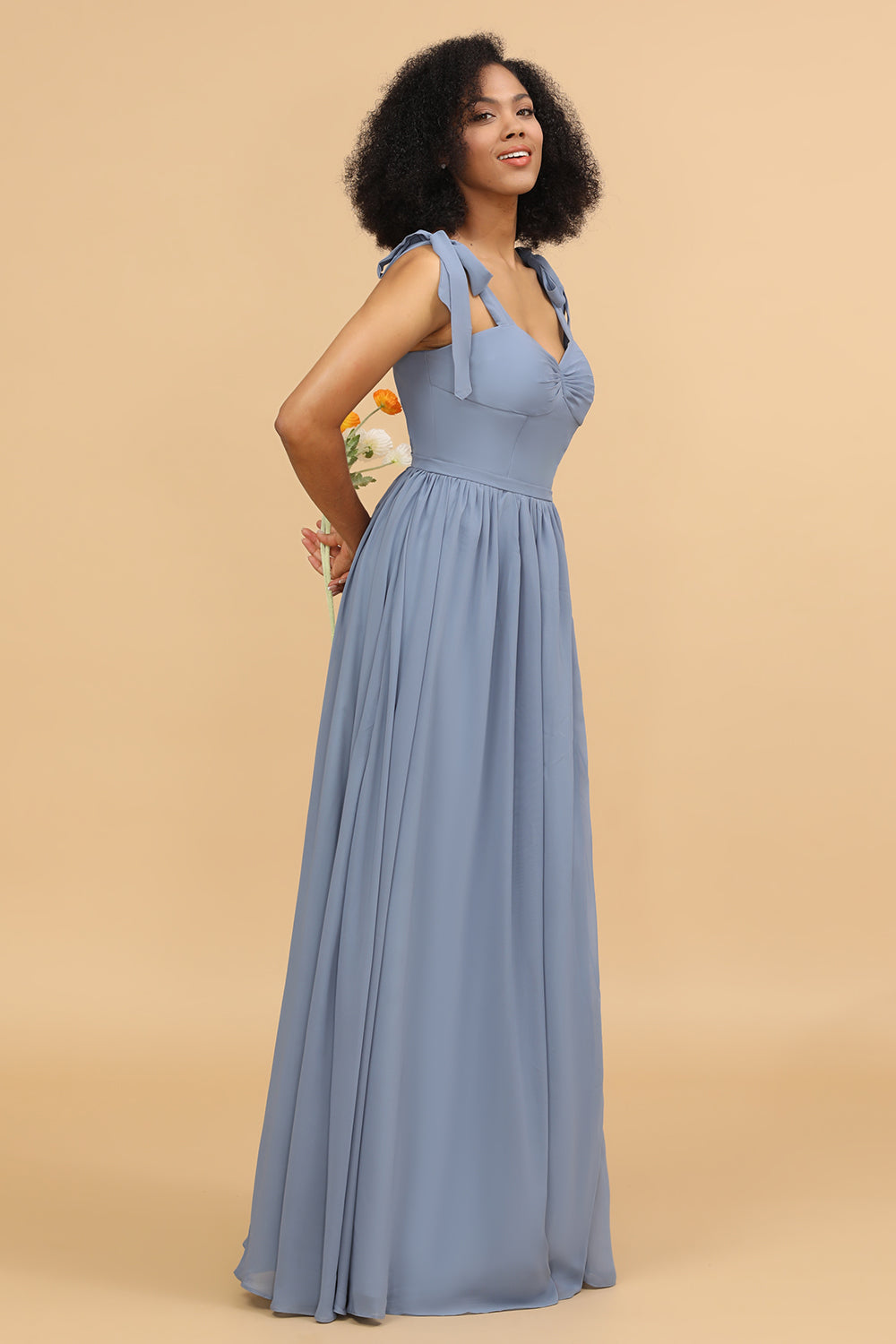Grey Blue Spaghetti Straps Long Chiffon Bridesmaid Dress with Slit