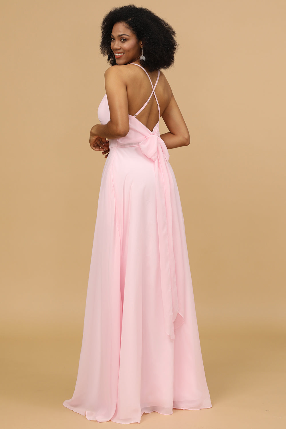 Spaghetti Straps Chiffon Pink Bridesmaid Dress