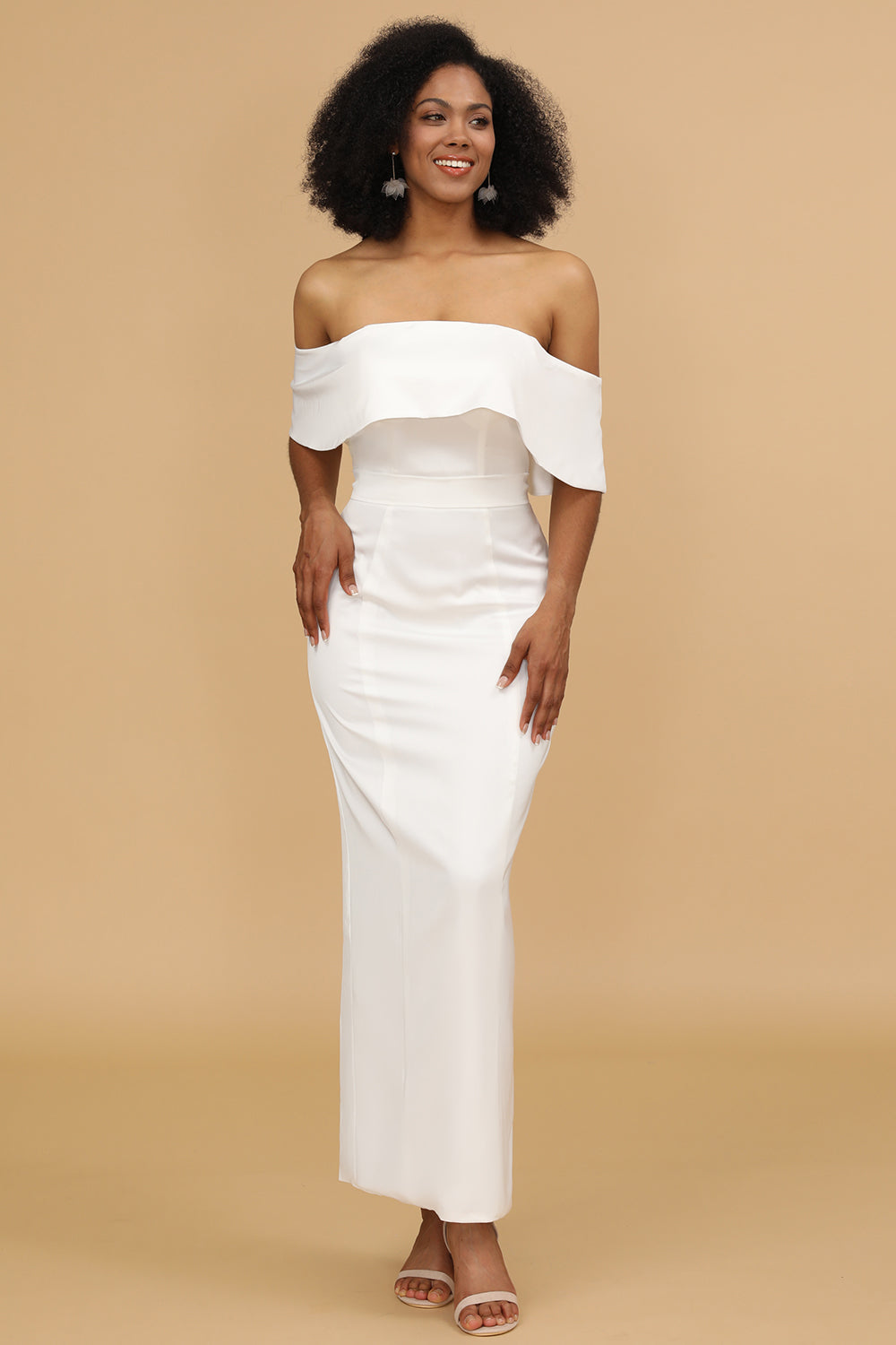 White Off the Shoulder Satin Bridesmaid Dress