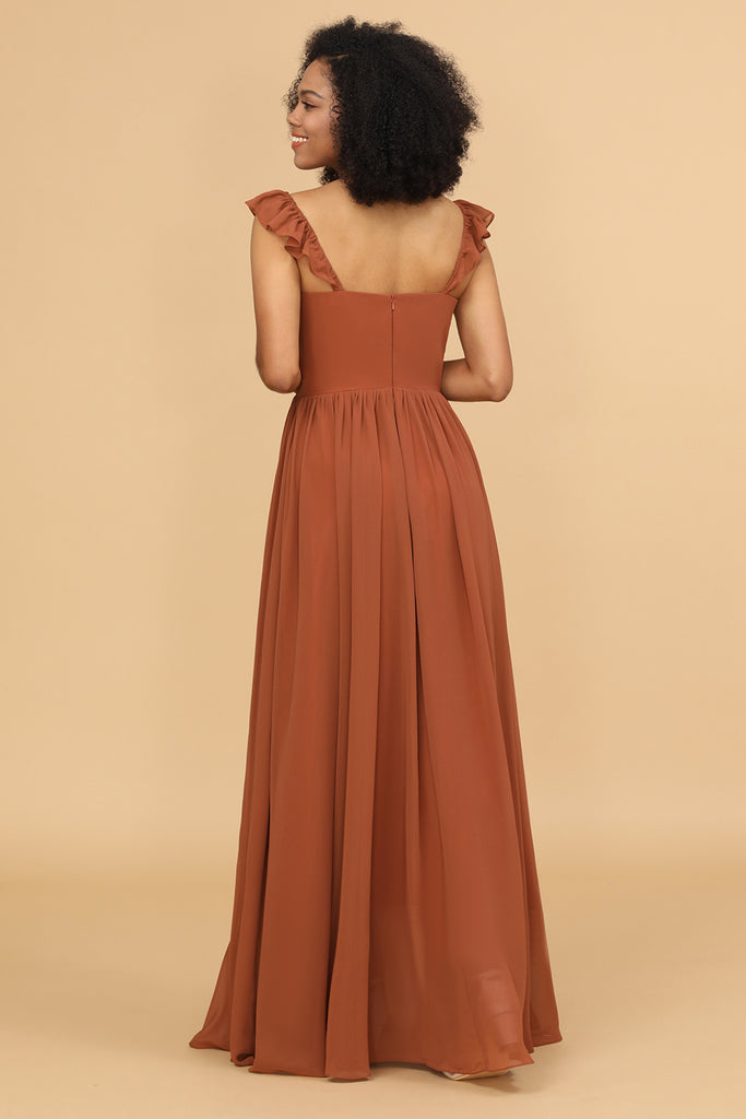 Zapaka Women Bridesmaid Dress Terracotta Chiffon A Line Floor Length Wedding Guest Dress With 