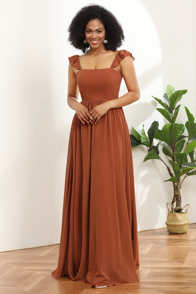 Zapaka Women Bridesmaid Dress Terracotta Chiffon A Line Floor Length Wedding Guest Dress With 