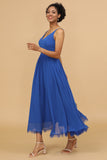 Royal Blue V-Neck Chiffon Bridesmaid Dress