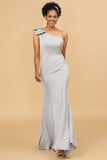 Grey Satin One Shoulder Mermaid Bridesmaid Dress With Bowknot